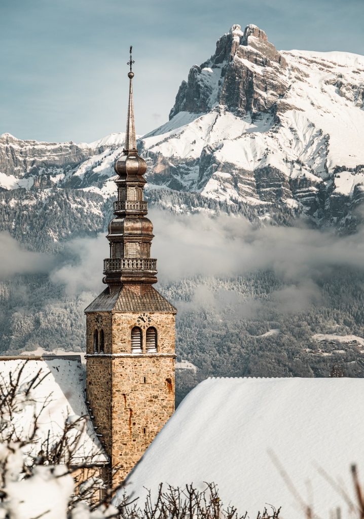 Church view Fiz snow Combloux