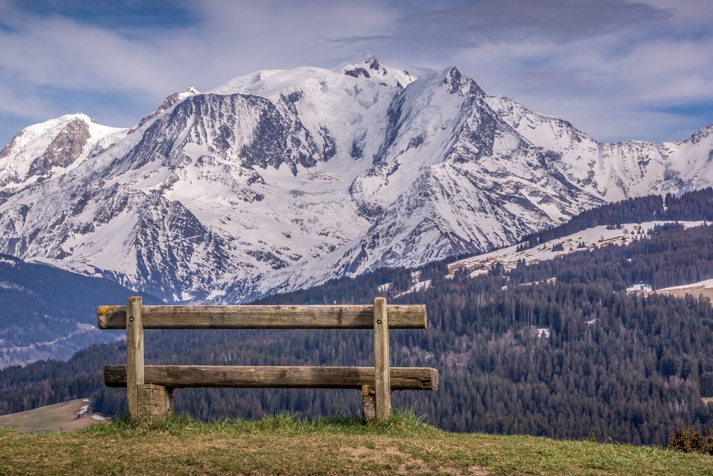 bench combloux facing mont blanc landscape spring