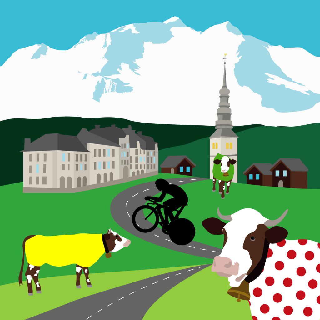 visual tour de france village combloux facing mont blanc, road cyclist, cow wearing yellow green polka dot cycling jersey