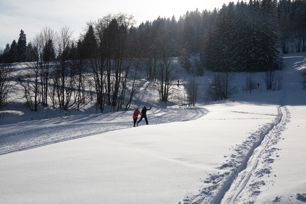 gros plan trace ski de fond poudreuse fondeurs arriere plan