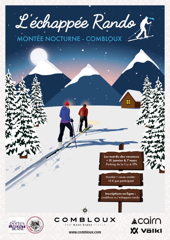 affiche echappee rando combloux 2023 - illustration montee nocturne ski randonnee par deux skieurs decor enneige