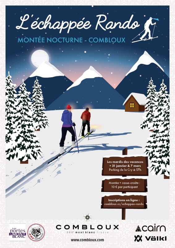 póster echappee rando combloux 2023 - ilustración escalada nocturna esquí de travesía por dos esquiadores decoración nieve