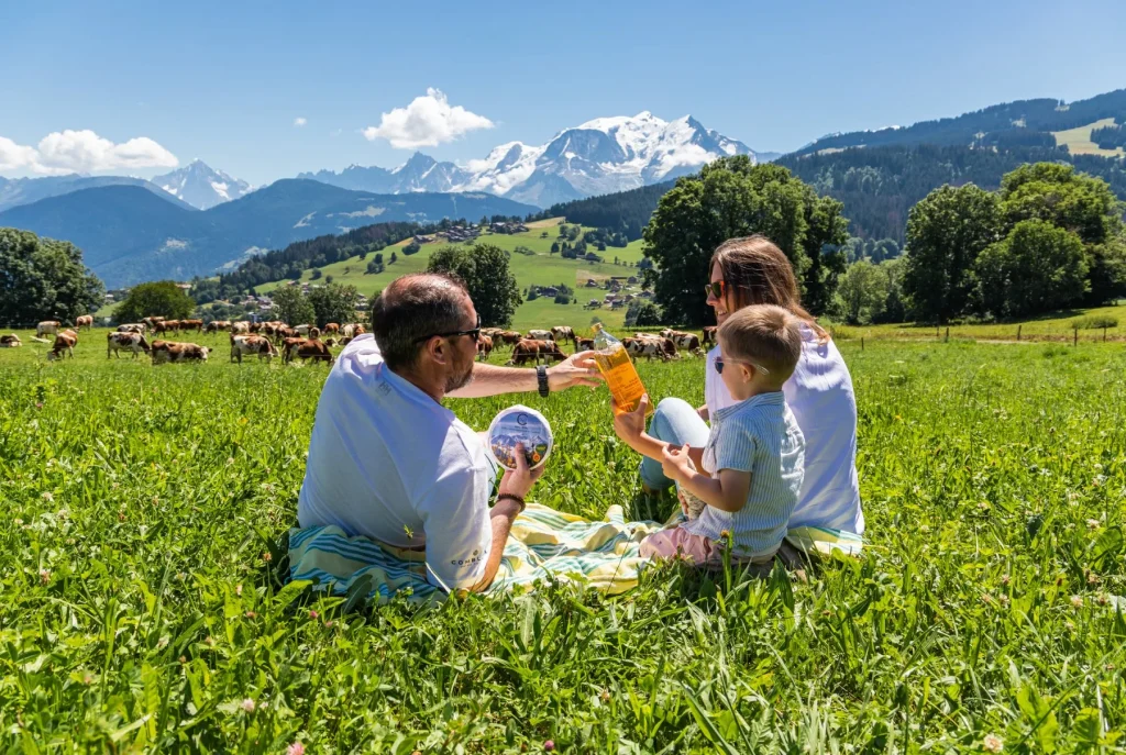 father mother child sitting in fields summer picnic facing mont blanc