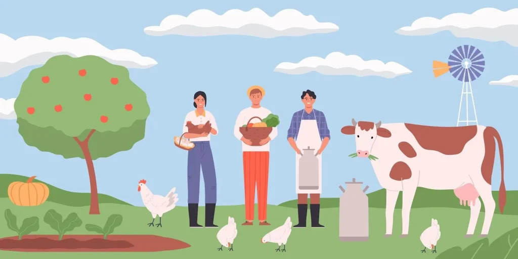 Fondo de paisaje de granja plana con gallinas, vacas y granjeros felices sosteniendo una canasta de huevos