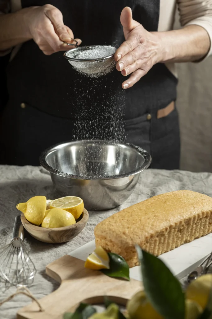  pâtissier tamisant les ingrédients pour le gâteau