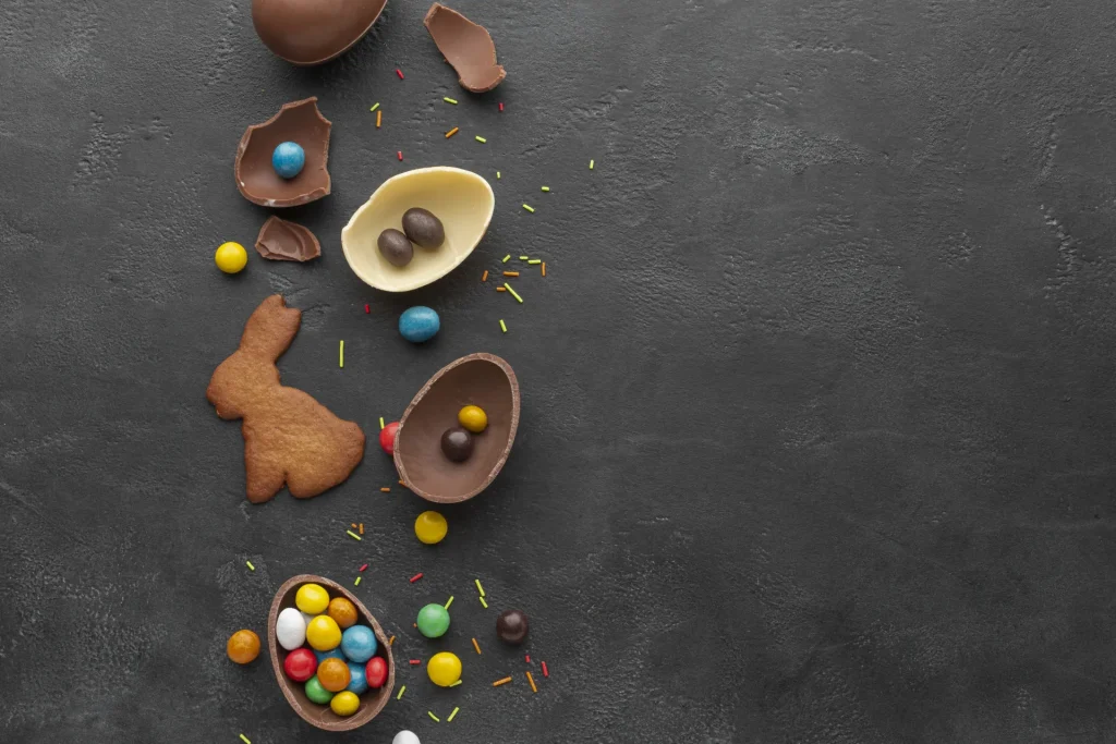 vue dessus oeuf paques chocolat bonbons biscuits forme lapin