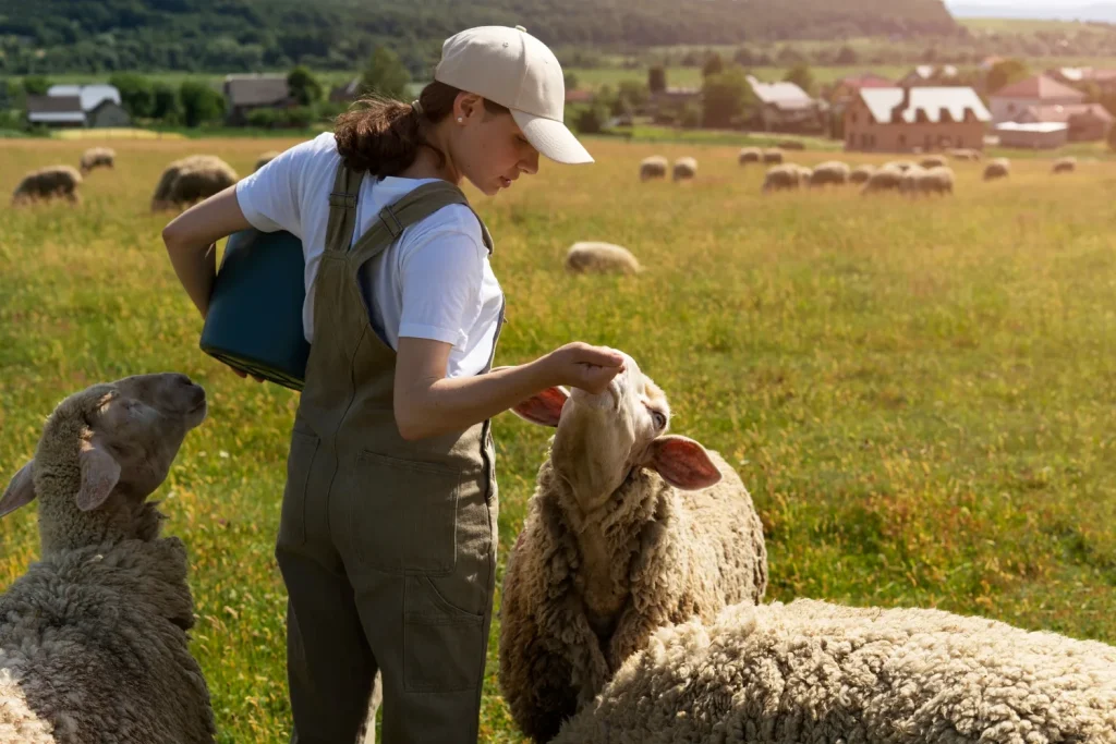 shepherdess surrounded by sheep