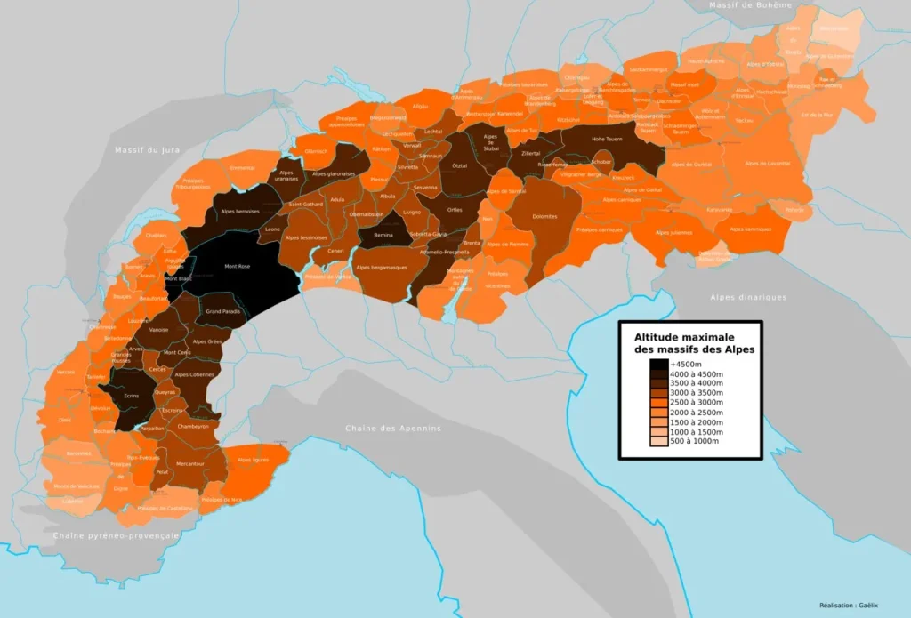 mapa de los Alpes y la extensión de las cadenas montañosas de los Alpes