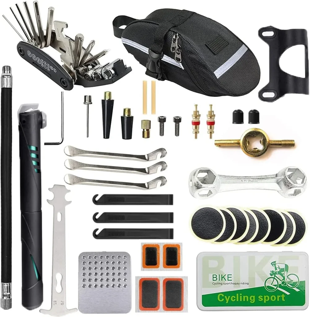 photo kit reparation velo : pompe cle hexagonale tournevis cle allen rustine etc