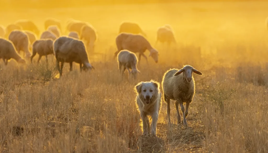 patou leader sheep herd sunrise