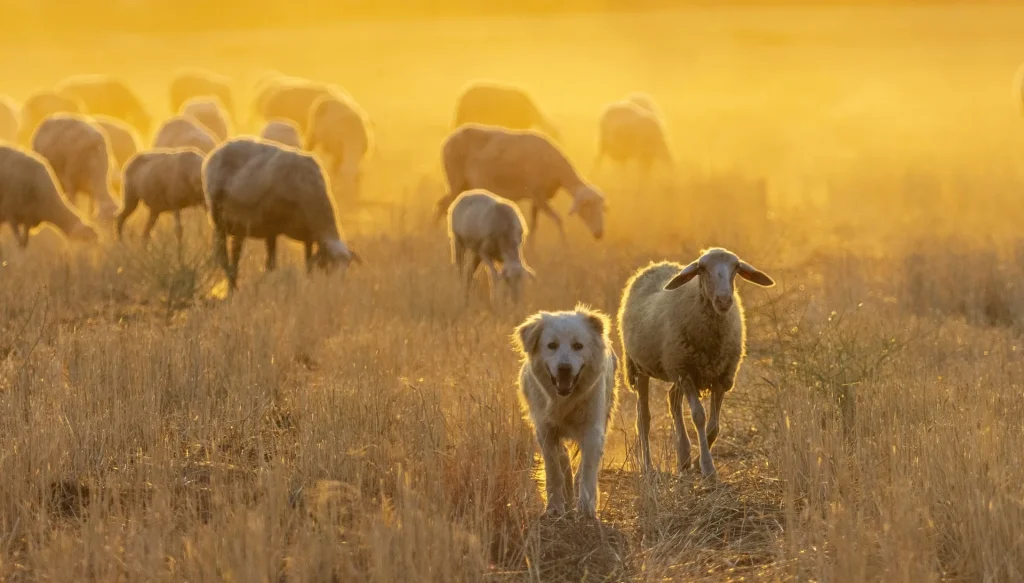 patou manejando el rebaño de ovejas amanecer