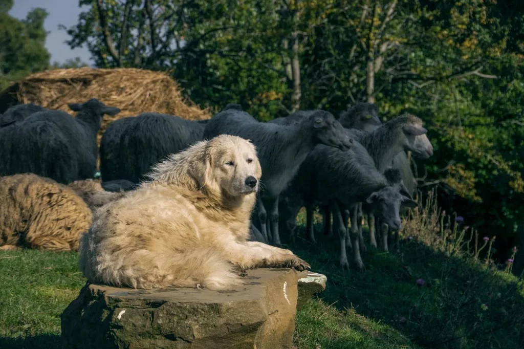 patou acostado cuidando a sus compañeras ovejas
