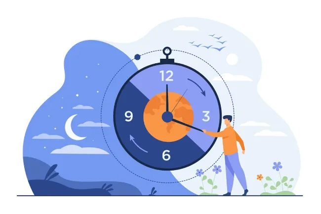 hombre girando las manecillas del reloj gigante: ilustración del concepto de ritmo circadiano
