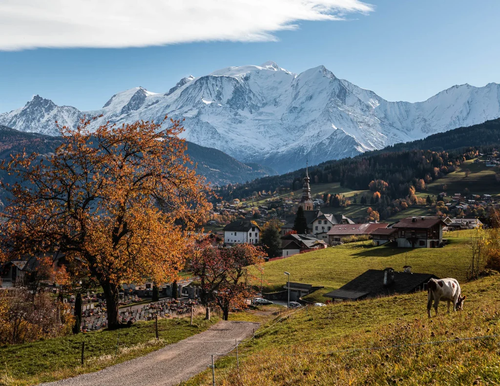 combloux overlooks by mont blanc in autumn orange trees