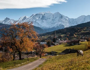 combloux surplombe par mont blanc en automne arbres oranges