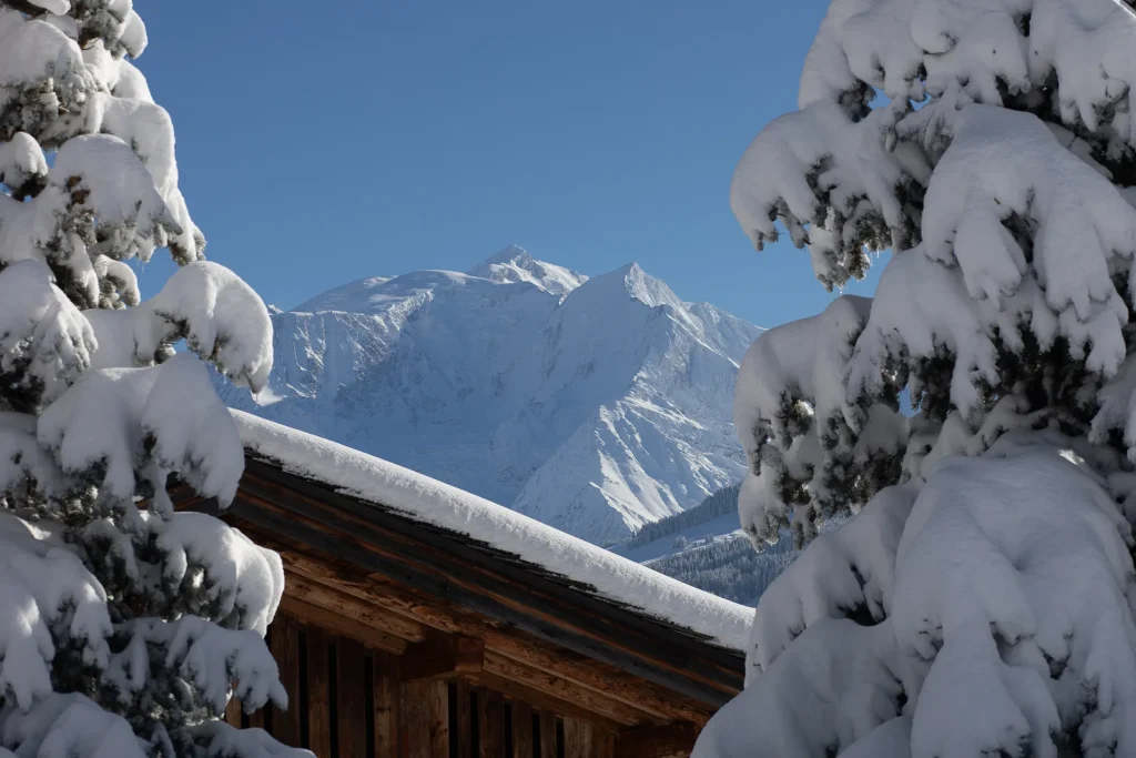 sapins enneigés devant chalet et Mont-Blanc en fond