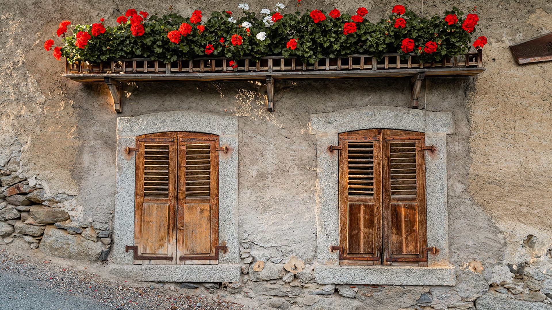 plan rapproche facade ferme haut savoyarde volet clos geranium en fleur