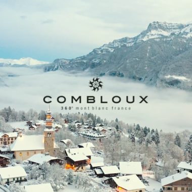 aerial view village combloux snowy chalet mountain fiz lettering logo combloux