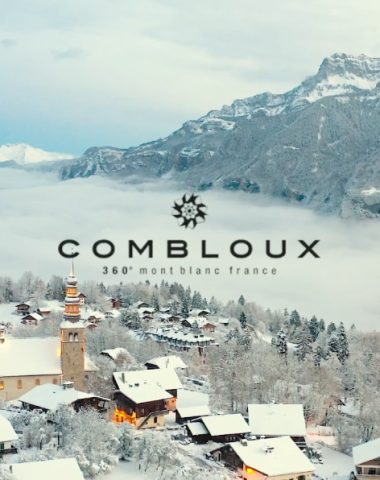 aerial view village combloux snowy chalet mountain fiz lettering logo combloux