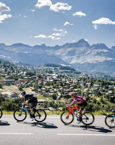 4 cyclists in a row combloux aravis road