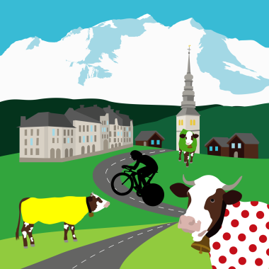 visuel tour de france village combloux face mont blanc, cycliste sur route, vache arborant maillot cycliste jaune vert à pois