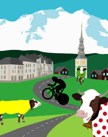 tour visual de france village combloux frente al mont blanc, ciclista de carretera, vaca con jersey de ciclismo de lunares verde amarillo