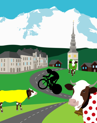 visual tour de france village combloux facing mont blanc, road cyclist, cow wearing yellow green polka dot cycling jersey