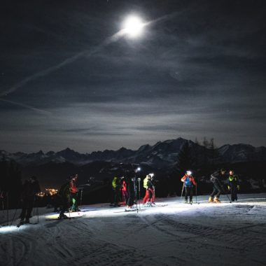 breakaway hike skiers hike aravis chain full moon