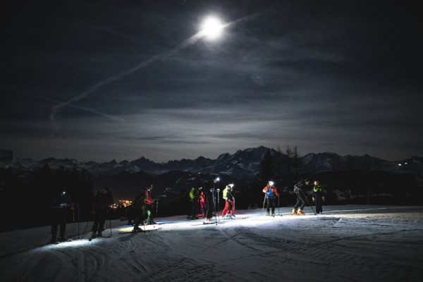 breakaway hike skiers hike aravis chain full moon