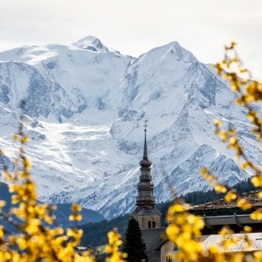 photo landscape combloux sunset combloux bell tower church forsythias