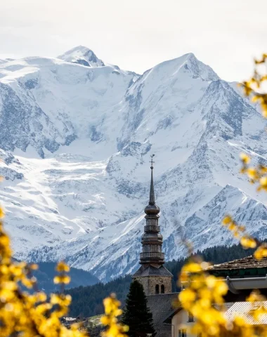 photo landscape combloux sunset combloux bell tower church forsythias