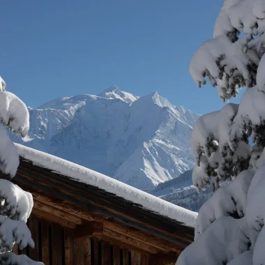 sapins enneigés devant chalet et Mont-Blanc en fond