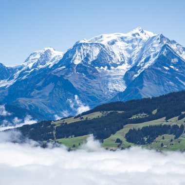 Mont-Blanc in summer with sea of ​​clouds from Combloux
