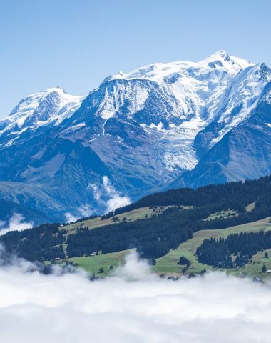 Mont-Blanc in summer with sea of ​​clouds from Combloux