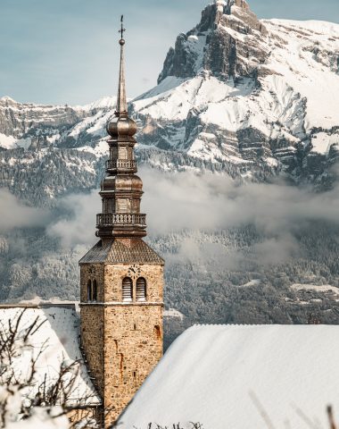 Church view Fiz snow Combloux