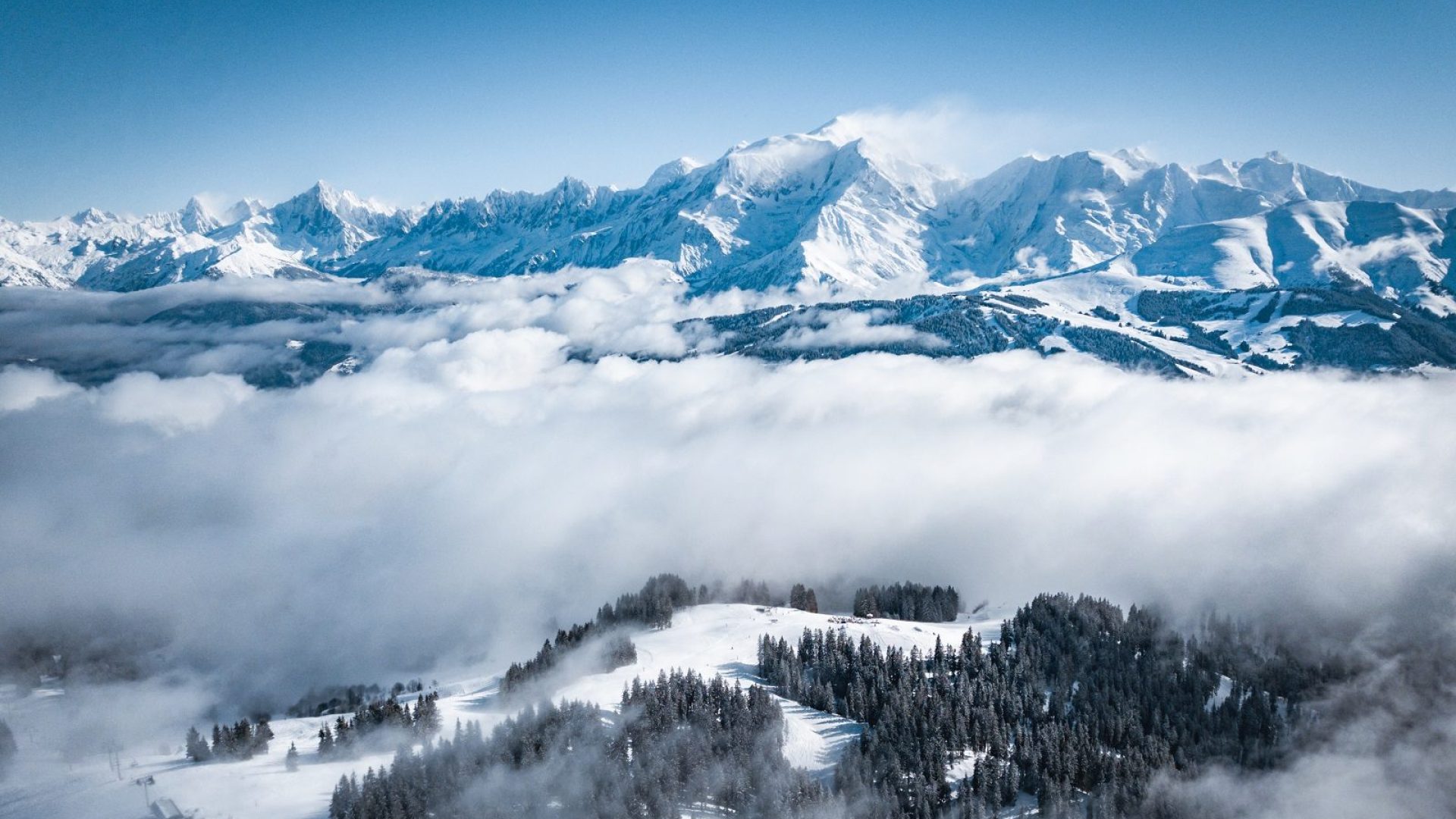 Mont-Blanc in winter seen from the sky from Combloux