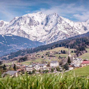 Village of Combloux in spring with Mont-Blanc in the background