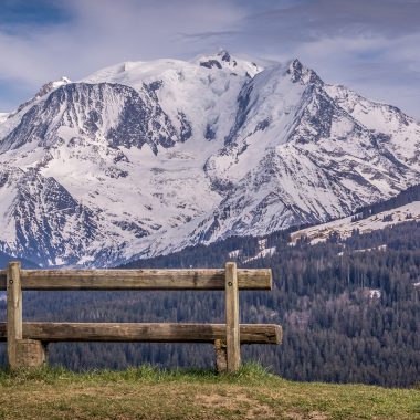 bench combloux facing mont blanc landscape spring
