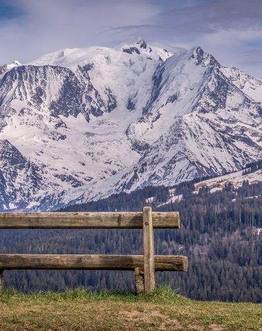 bench combloux facing mont blanc landscape spring